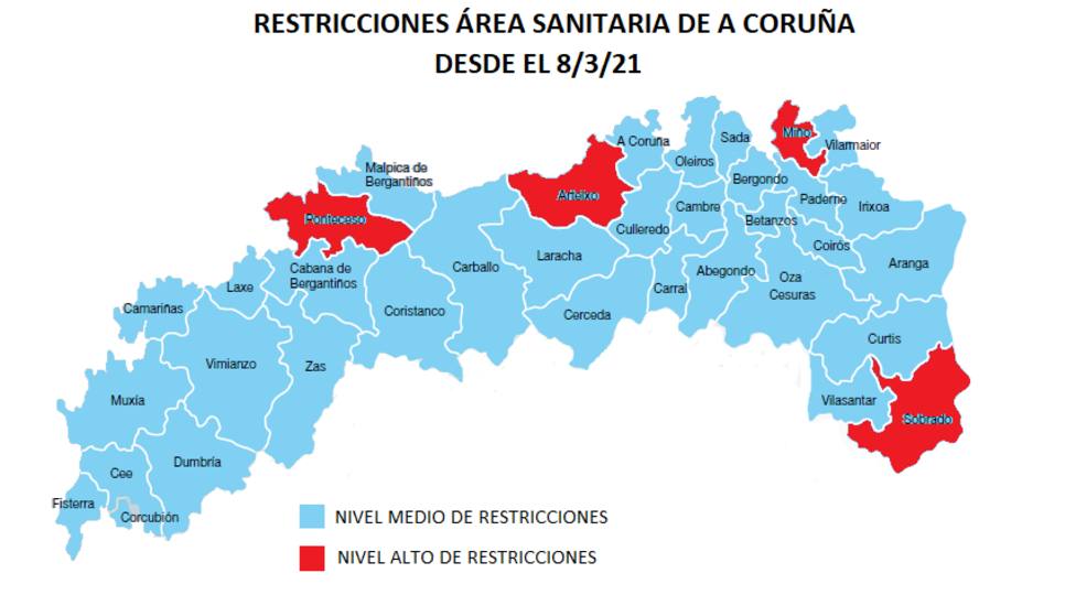 Mapa de restricciones en el área sanitaria de A Coruña desde el lunes 8/3/21