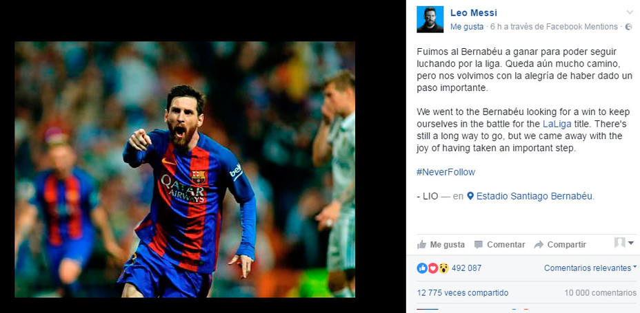 Mensaje de Leo Messi en su cuenta de Facebook un día después de ganar en el Bernabéu