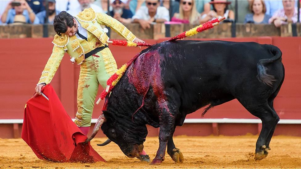 Derechazo de Morante de la Puebla al cuarto toro de García Jiménez este viernes en Sevilla