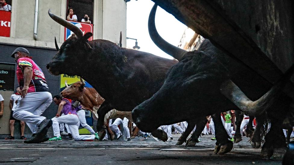 Dos toros en la curva de Mercaderes con Estafeta, punto conflictivo del encierro de Pamplona