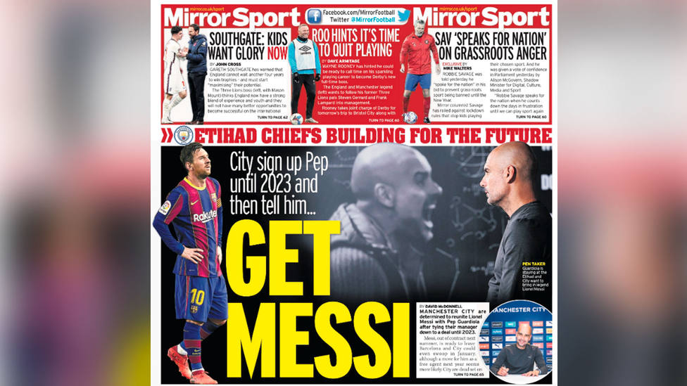 Get Messi, principal noticia de deportes para el Mirror, tras renovar Pep Guardiola como entrenador del City