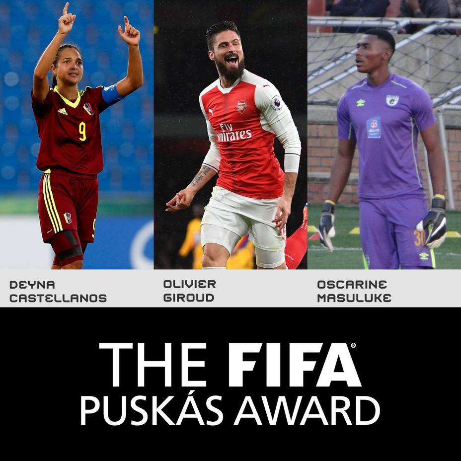Deyna Castellanos, Giroud y Masuluke, finalistas para el Premio Puskas
