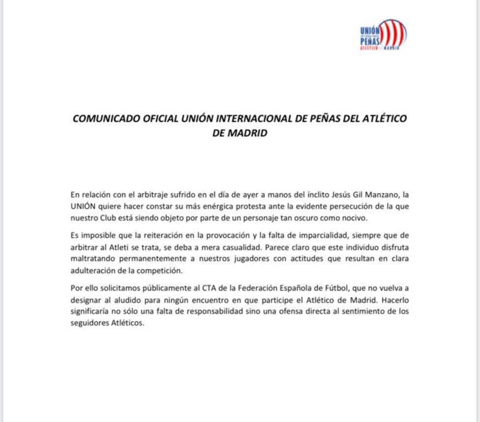 Comunicado Unión Federación Peñas Atlético