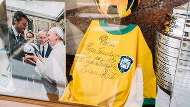 Rome, Italy - Jan 3, 2020: Pele Signed Autographed shirt Brazil gift for Pope Francis