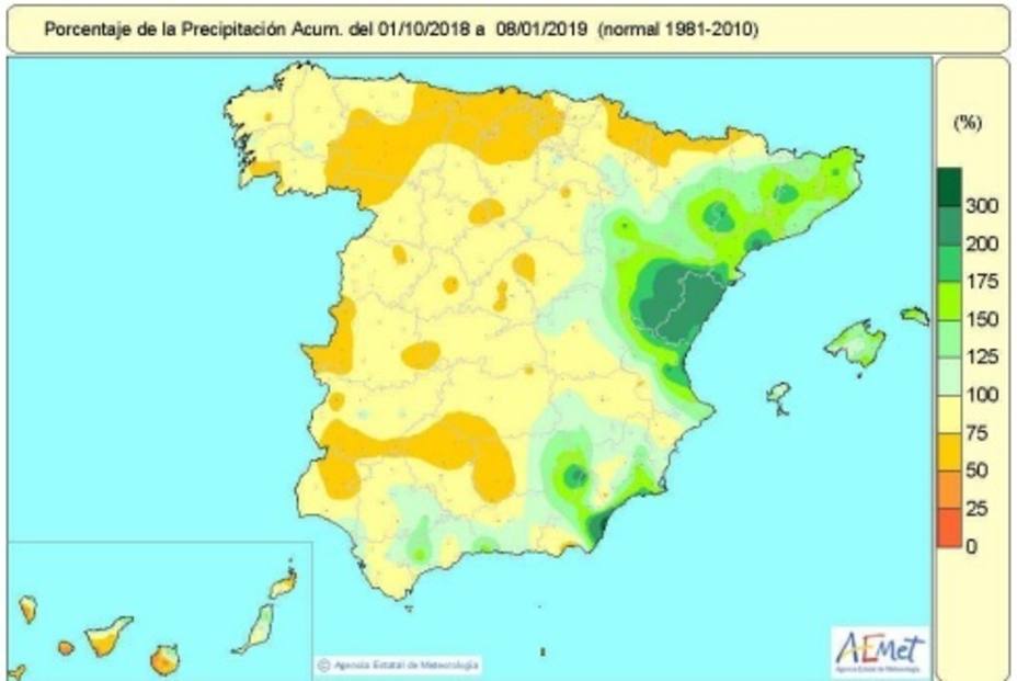 España entra en 2019 con un déficit de lluvias acumuladas desde octubre del 9 por ciento