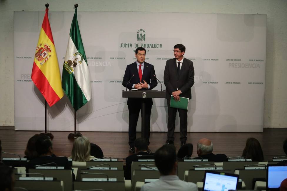 Juanma Moreno y Juan Marín en rueda de prensa tras el Consejo de Gobierno