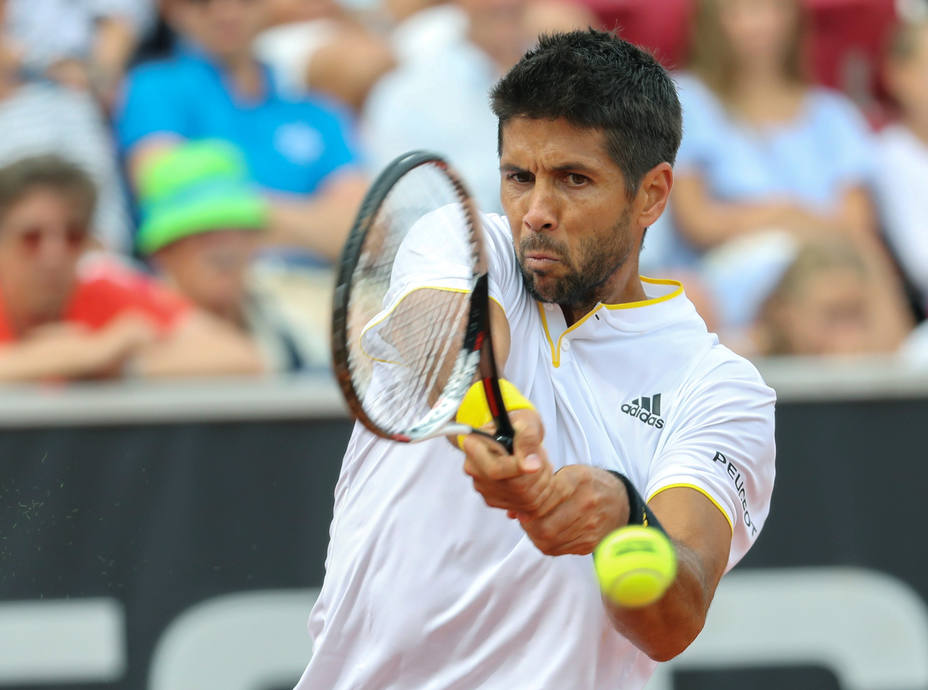 Fernando Verdasco of Spain in action in the semifinal match against David Ferrer, also of Spain, during the ATP tennis tournament Swedish Open in Bastad