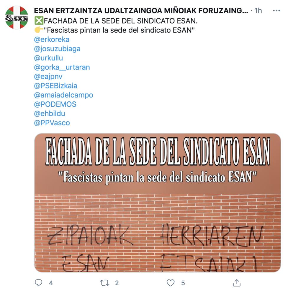 El sindicato de la Ertzaintza denuncia pintadas fascistas en su sede de Barakaldo