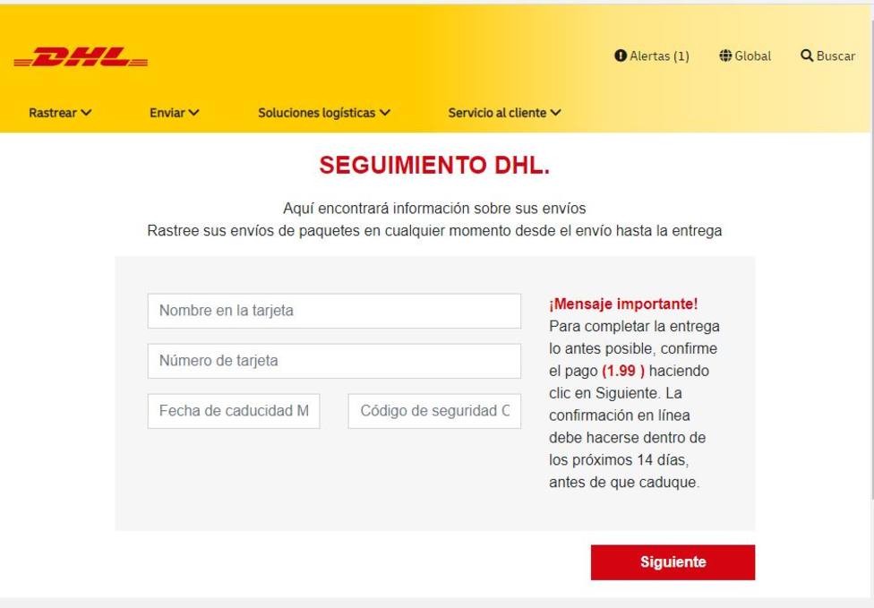 Captura de la pantalla que busca suplantar a DHL