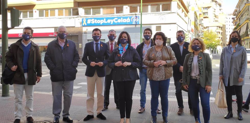 Sevilla.-El PP cuelga una pancarta desde su sede contra la Ley CelaÃ¡ y llama a secundar la ofensiva para su retirada