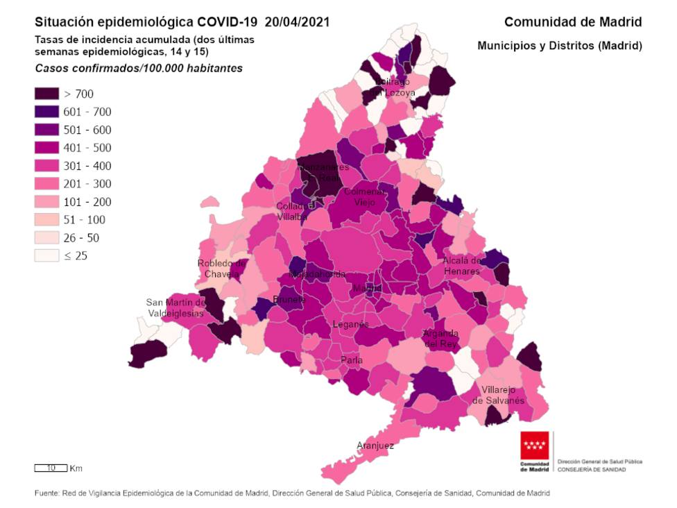 Mapa de incidencia de coronavirus en la Comunidad de Madrid