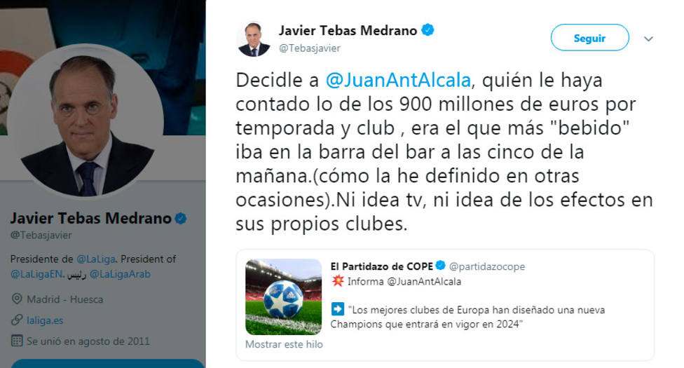 Javier Tebas responde a la noticia de Alcalá sobre la nueva Champions