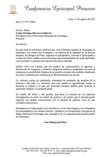 Carta de los obispos de Perú ante la situación en Nicaragua