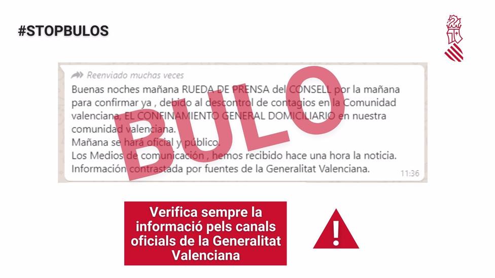 Cvirus.- La Generalitat alerta de un bulo sobre un confinamiento domiciliario de la Comunitat Valenciana