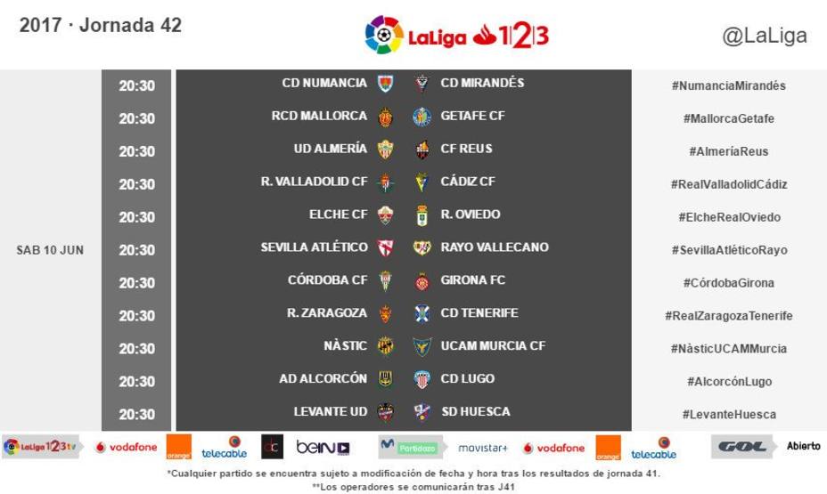 Horarios de la 42ª jornada de la Liga 123 2016-2017