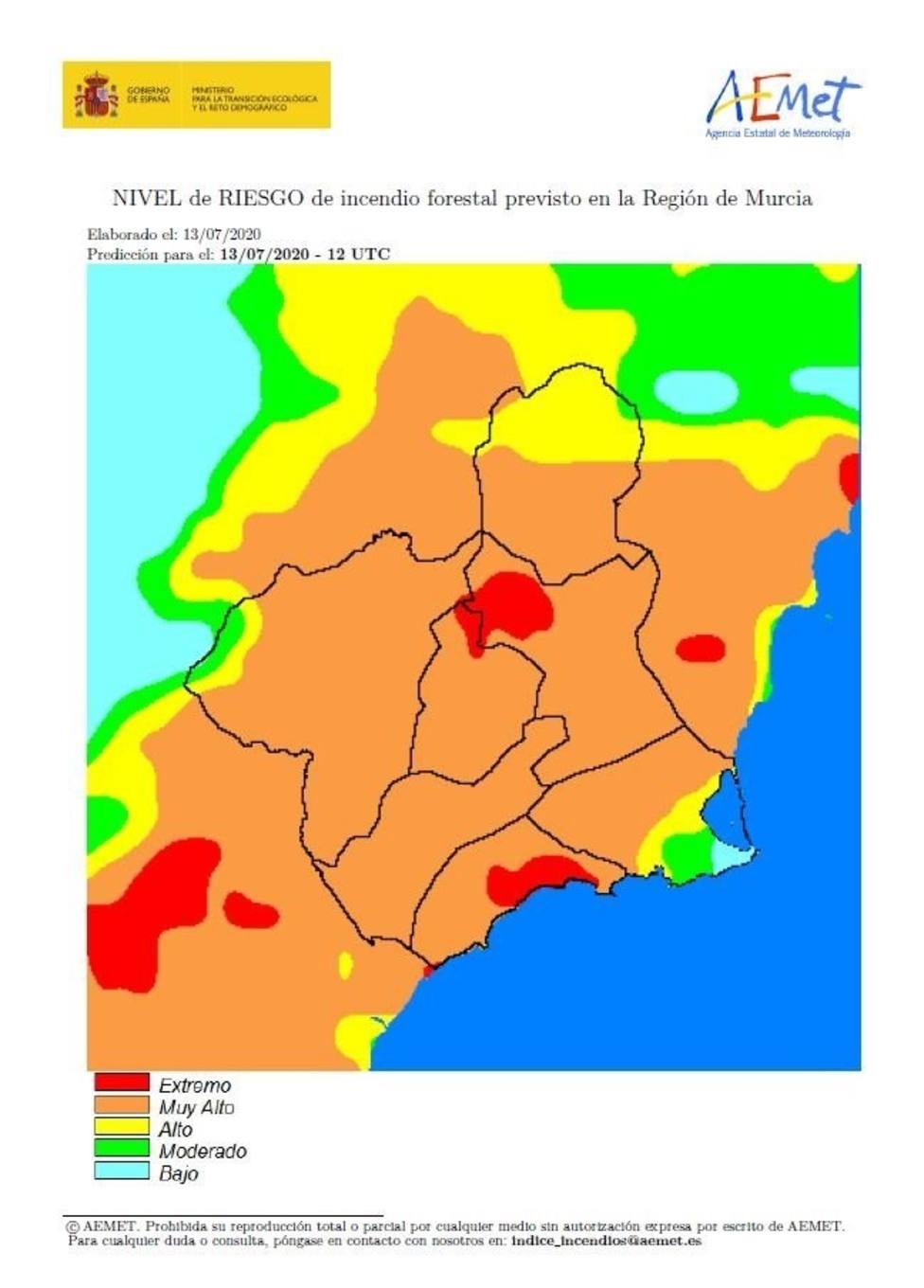 El nivel de riesgo de incendio forestal previsto este lunes es muy alto en casi toda la Región de Murcia