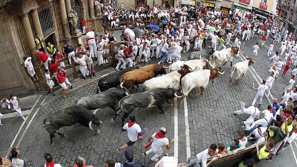Imagen del último encierro celebrado en Pamplona el 14 de julio de 2019 con los toros de Miura