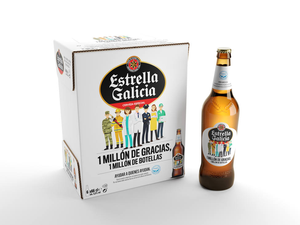 Botella y caja de la edición especial de Estrella Galicia en apoyo a los Bancos de Alimentos