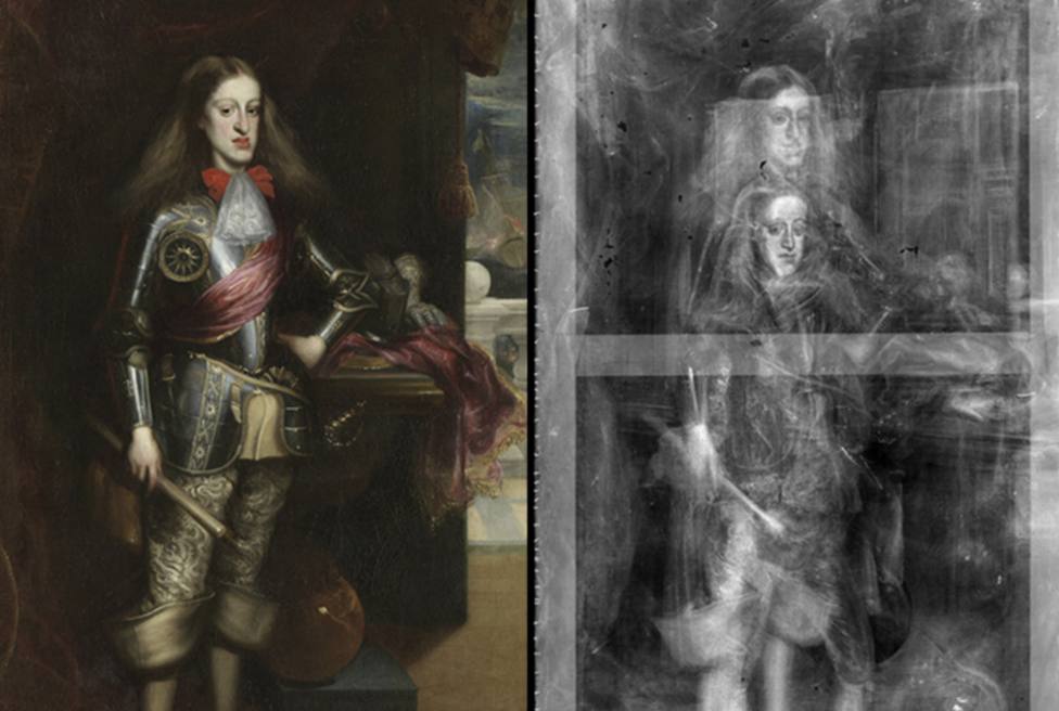 Carlos II con armadura de Carreño de Miranda y radiografía de la obra. Museo Nacional del Prado