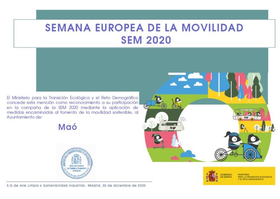 reconocimiento al Ayuntamiento de Maó por su participación activa en la Semana Europea de la Movilidad 2020