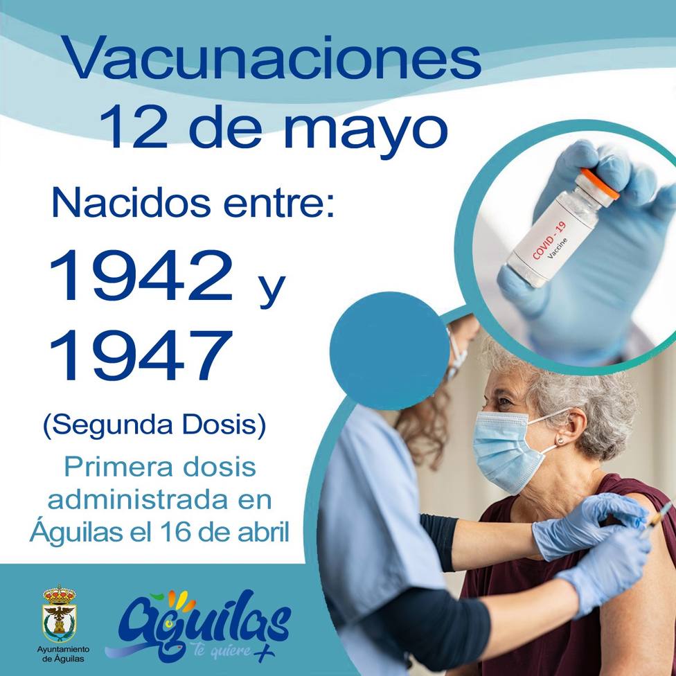 Águilas vacunará este miércoles con dosis de Pfizer a los nacidos entre 1942 y 1947
