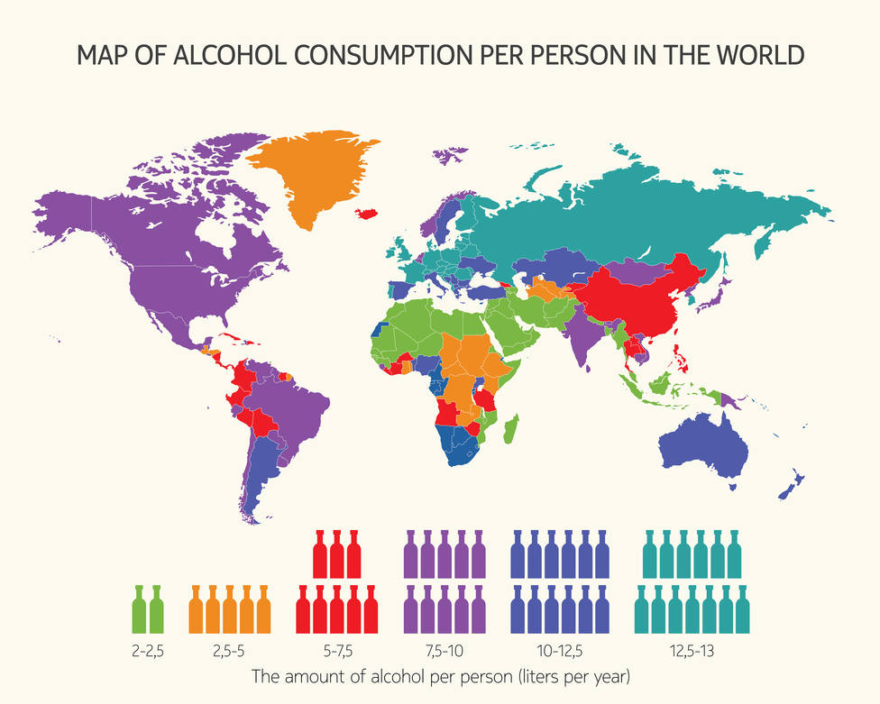 El mapa que revela los países donde más alcohol se bebe en el mundo: España está entre ellos