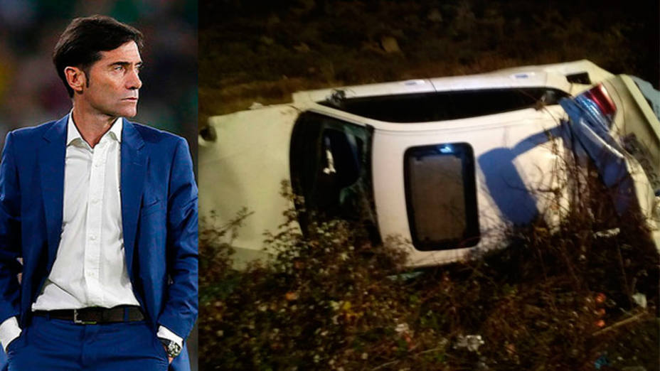 Marcelino García Toral y la imagen de su coche tras el accidente (@bajominimosbomb)