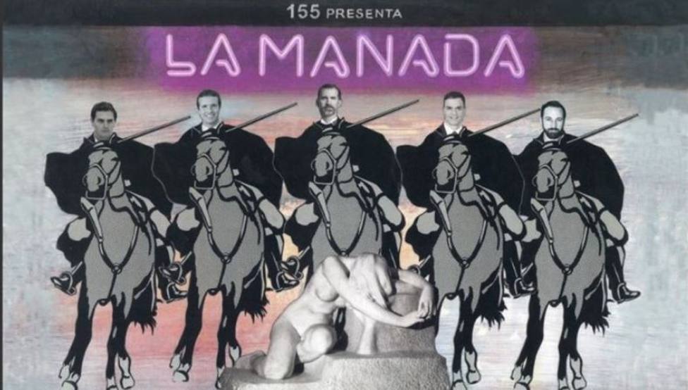 Cuelgan en Olot (Gerona) un cuadro que equipara al Rey, Sánchez, Casado, Rivera y Abascal con la Manada