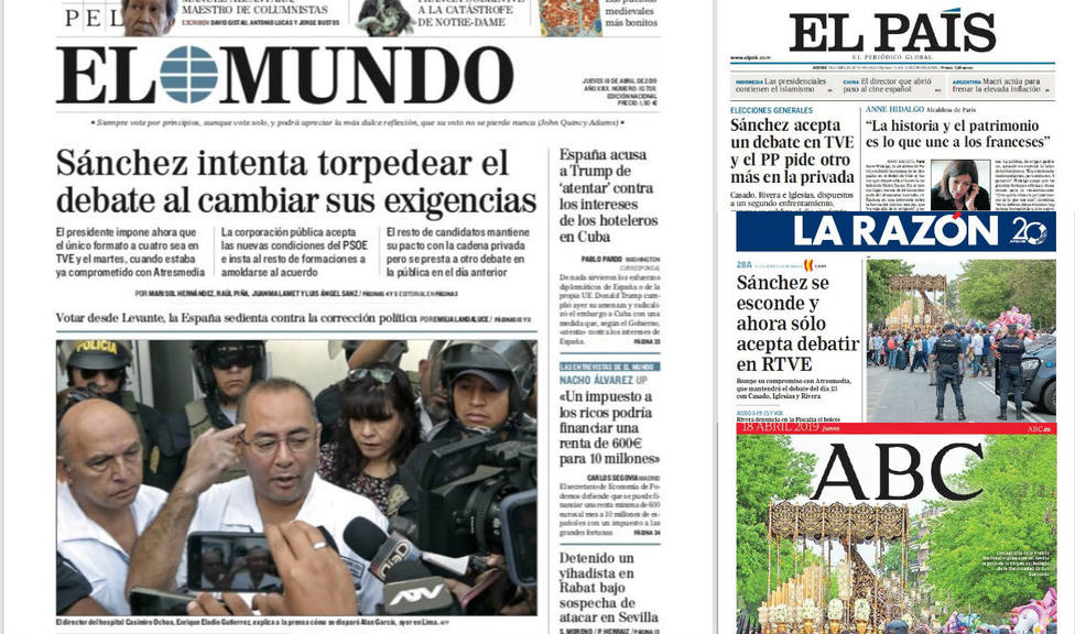 Los cambios de opinión de Sánchez respecto a los debates, portada en la prensa