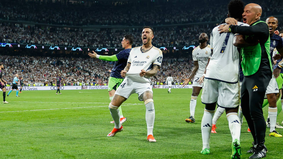 Joselu celebra el primer gol del Real Madrid al Bayern Munich. EFE
