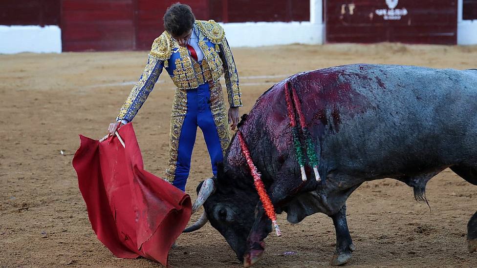 Derechazo de Fernando Robleño al toro de Rehuelga al que cortó dos orejas en San Agustín del Guadalix