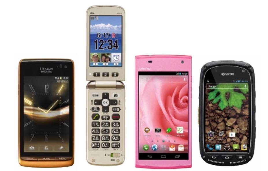Terminales móviles de Kyocera con la tecnología Smart Sonic Receiver: (de izquierda a derecha) URBANO PROGRESSO, K012 Simple Mobile Phone, DIGNO S y Torque