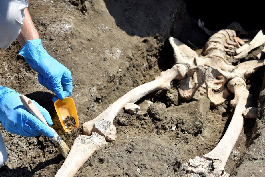 El esqueleto de un hombre que intentaba ponerse a salvo de la erupción del Vesubio en el 79 d.C encontrada en Pompeya. EFE