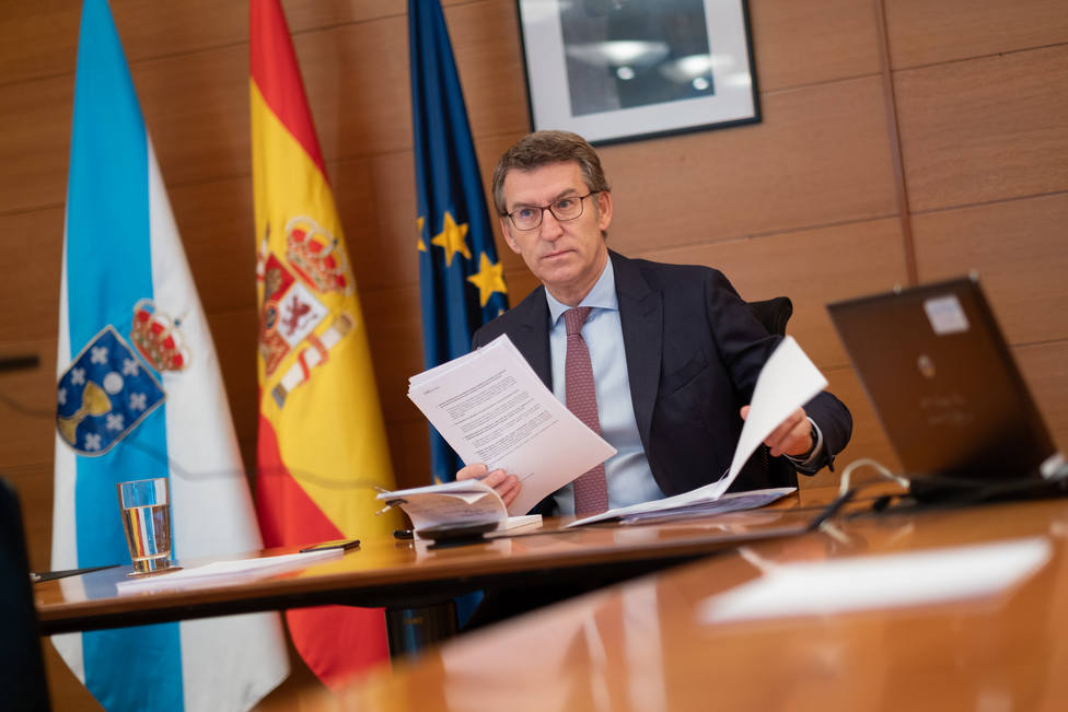 O titular do Goberno galego durante unha videoconferencia co presidente do Goberno central