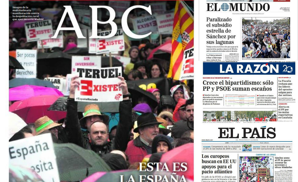 La marcha de la España Vaciada, portada en la prensa del lunes