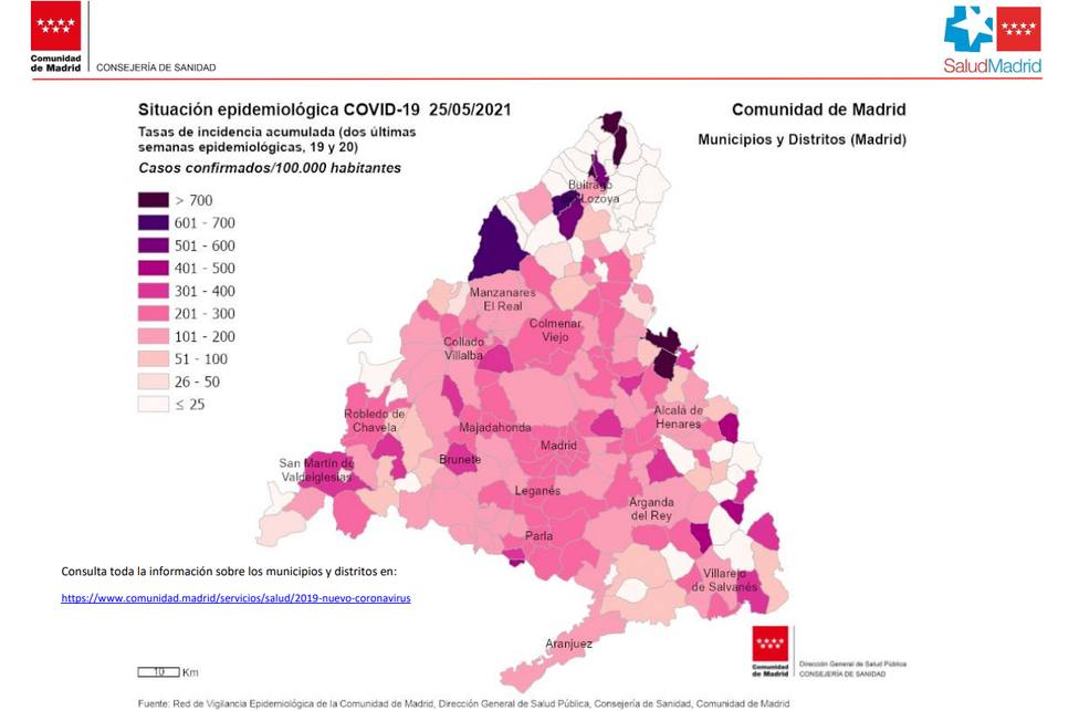 Mapa de incidencia acumulada en la Comunidad de Madrid a 25 de mayo