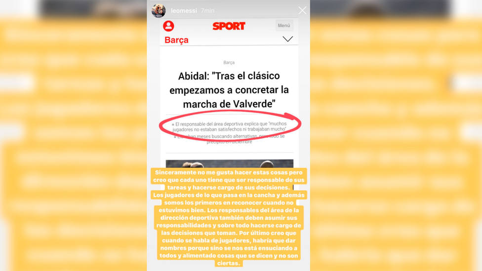 Mensaje de Leo Messi contra Eric Abidal en su cuenta de Instragram