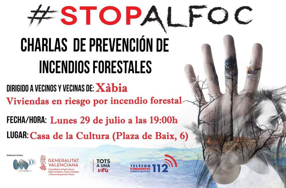 Cartel charla sobre consejos de prevención de incendios forestales en Xàbia.