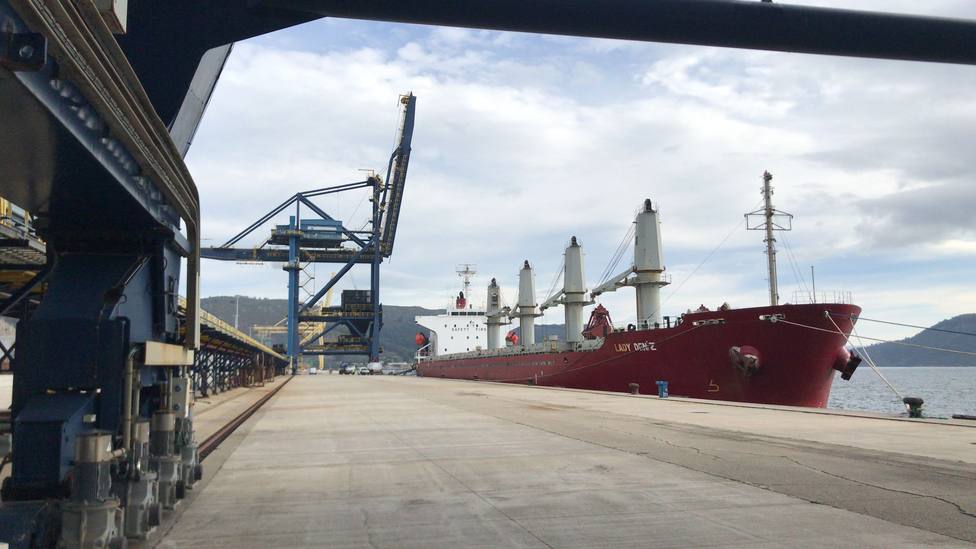 El barco con el carbón en su interior atracado en el puerto exterior de Ferrol