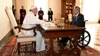 Pope Francis talks with President of Ecuador Lenin Moreno during a private audience at the Vatican