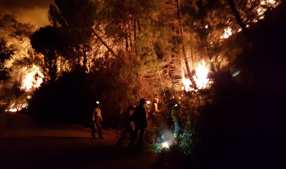 Efectivos terrestres y aéreos trabajan en un incendio en Sierra Bermeja que ha supuesto 400 desalojos