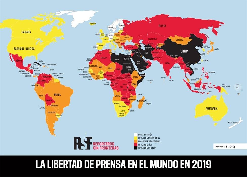 Mapa de la Clasificación Mundial de la Libertad de Prensa de Reporteros sin Fronteras en 2020