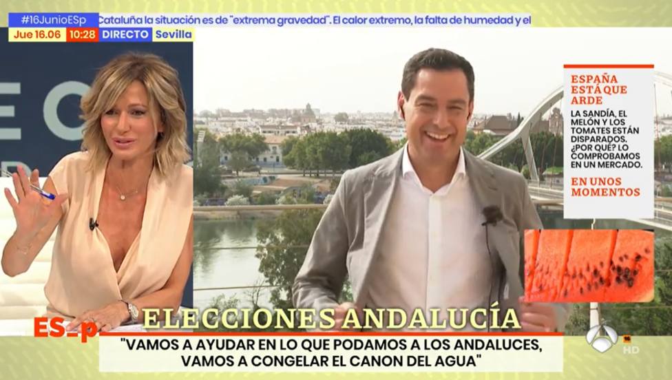 Susanna Griso corta Espejo Público por el mal rato de Juanma Moreno en plena entrevista:Me va a dar un vahío