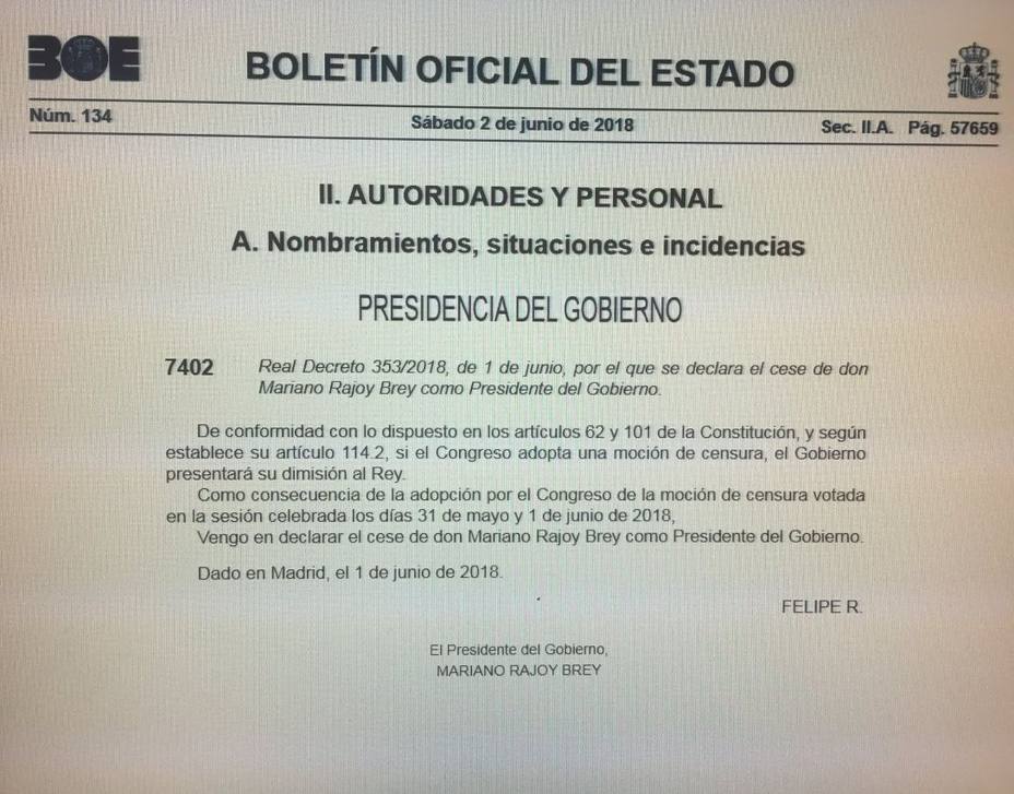 El BOE publica el nombramiento de Pedro Sánchez y el cese del Gobierno