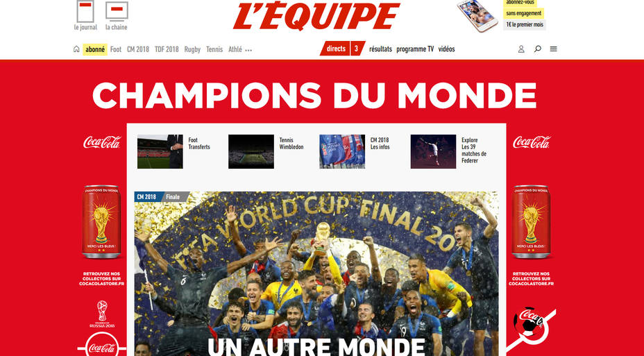 Portada de la web de LÉquipe, tras ganar Francia su segundo Mundial