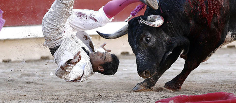 Momento de la cogida sufrida por Luis Bolívar ante su primer toro de Miura. EFE