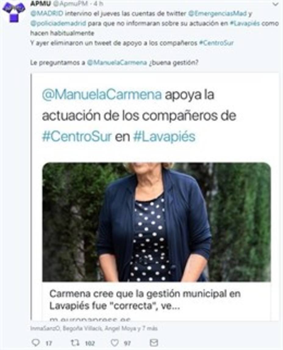 Un sindicato policial acusa al Ayuntamiento de secuestrar sus redes sociales por Lavapiés
