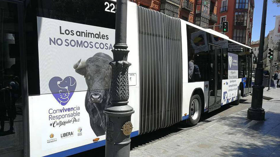 Uno de los autobuses municipales de Valladolid que lucen la campaña animalista