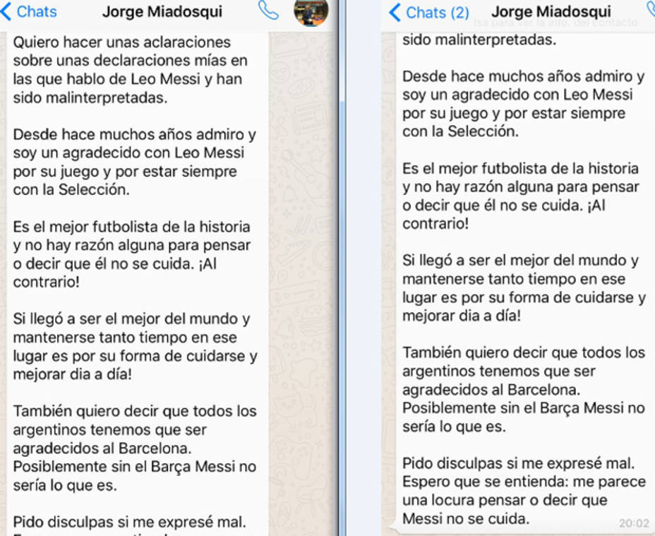 Comunicado vía móvil de Jorge Miadosqui al que ha tenido acceso COPE