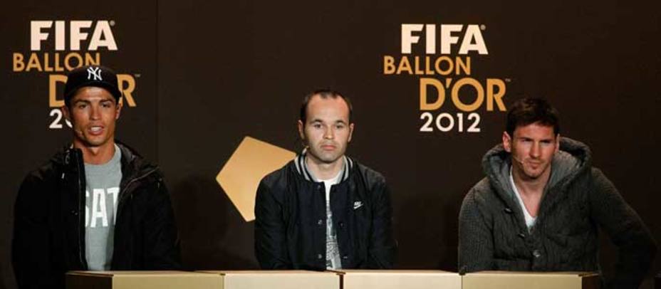 Cristiano, Iniesta y Messi en al rueda de prensa del Balón de oro (REUTERS)